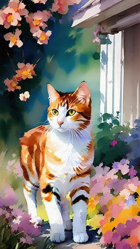 Portrait impressionniste d'un chat rouge et blanc avec des fleurs sur Maud De Vries