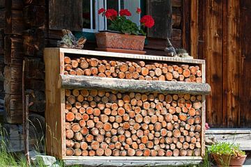 Ein Holzkasten vor der Hütte von Christa Kramer