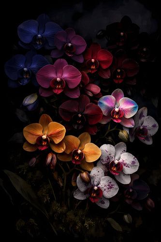 Vibrante Multicolor‑Orchideen im tiefen Nachtlicht