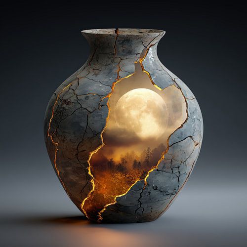 Glowing full moon in a stone vase