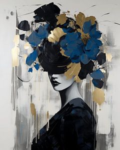 Modernes und abstraktes Porträt in Schwarz, Gold und Blau