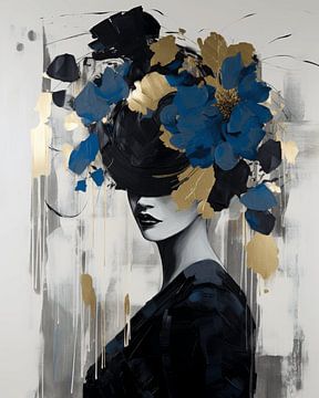 Modern en abstract portret in zwart, goud en blauw van Carla Van Iersel