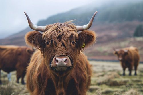 Schotse hooglander in mistig landschap