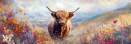 Ein schottischer Highlander in einem Meer von Wildblumen