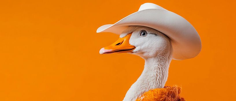 Ente im Cowboy-Hut vor orangem Hintergrund von Poster Art Shop