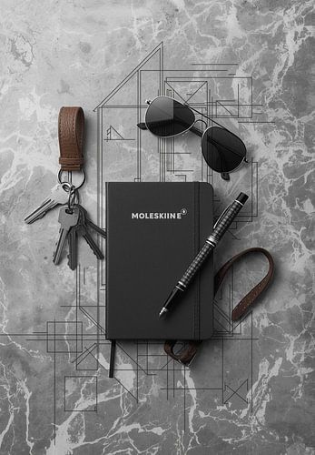 Architect's Sketch: Notebook &: Blauwdruk op grijs marmer