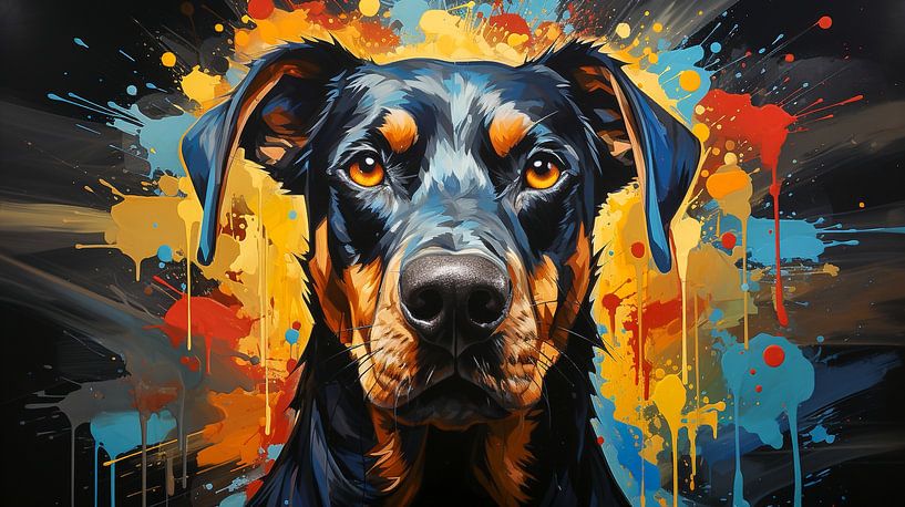 Peinture d'un visage de chien Dobermann avec des éclaboussures de peinture colorée par Animaflora PicsStock