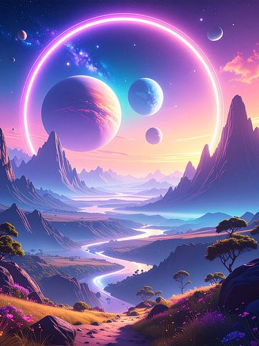 Neon rivier in fantasie berglandschap