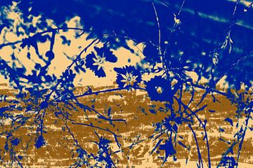 Flowers in blue and ochre. Abstract botanical art by Dina Dankers