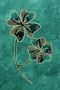 Geluk met een gouden randje (aquarel schilderij groen klavertje vier 4 bloemen planten natuur bling)