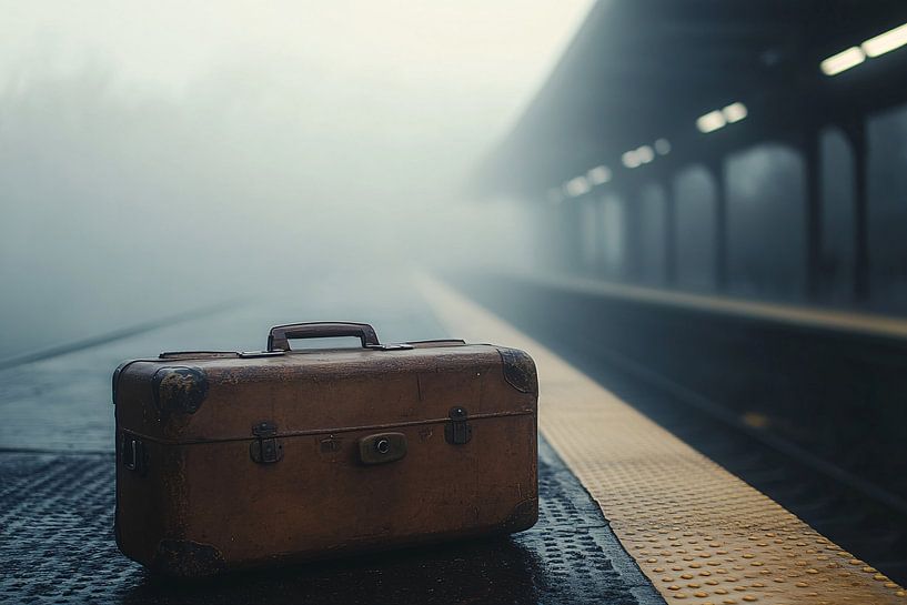 Vintage-Koffer auf verlassenem Bahnsteig von Art & Soul Creations