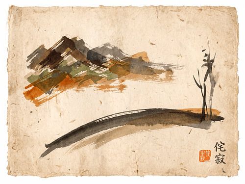 Wabi-Sabi: Japanische Berglandschaft im Vintage-Japandi-Stil