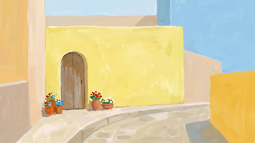 Maison côtière jaune avec des fleurs
