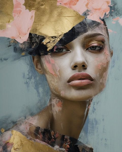Colourful modern portrait in pink and gold by Carla Van Iersel