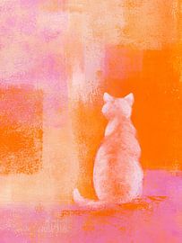 Weiße Katze auf Orange zwei von Karen Kaspar
