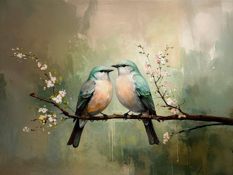 Twee romantische vogeltjes op een bloesemtak van Studio Pieternel
