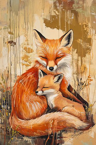 Vossenmoeder en welp in harmonie