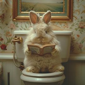 Funny rabbit reading on the toilet for bathroom decoration by Poster Art Shop