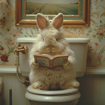 Funny rabbit reading on the toilet for bathroom decoration by Felix Brönnimann