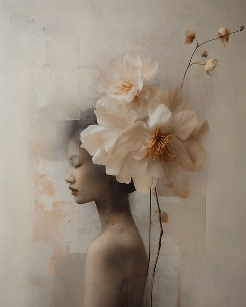Modern portrait with flowers in pastel colours by Carla Van Iersel