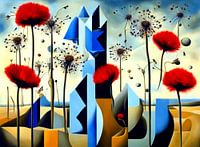 Abstract landschap met rode bloemen