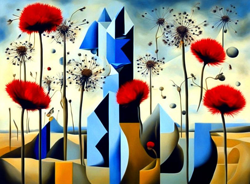 Abstract landschap met rode bloemen van Quinta Mandala