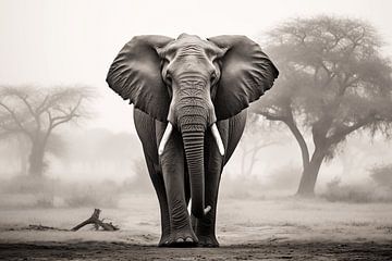 Eléphant sauvage dans la savane, photographie animalière monochrome sur Animaflora PicsStock