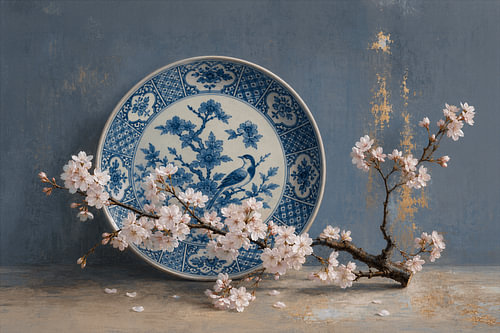 Stillleben mit einem chinesischen Porzellanteller und einem Zweig Kirschblüten
