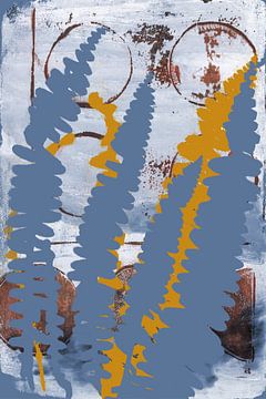 Bohème botanique abstraite. Un mélange moderne et chic de feuilles de fougères en bleu et jaune ocre sur Dina Dankers