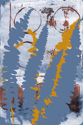 Abstracte Botanische Bohemen. Een modern-chique mix van varenbladeren in blauw en okergeel.