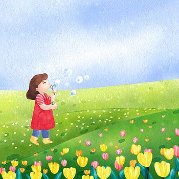 Little Girl Blowing Bubbles in a Flower Field