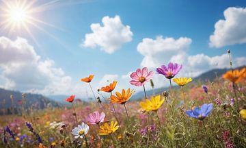 Een bloemenveld met een blauwe lucht op de achtergrond