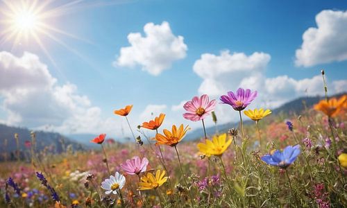 Ein Blumenfeld mit einem blauen Himmel im Hintergrund
