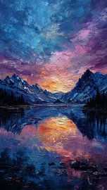 Oorspronkelijk olieverfschilderij in impasto-stijl: een levendig berglandschap bij zonsondergang, weerspiegeld in een rustig meer