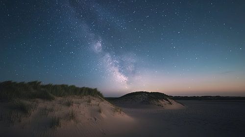 dune landscape in the evening with milky way wadden islands