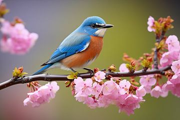 blauer Singvogel auf einem blühenden Zweig im Frühling von Animaflora PicsStock