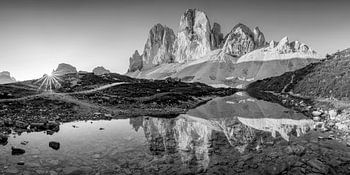 Sunrise at the Three Peaks in the Dolomites in black and white