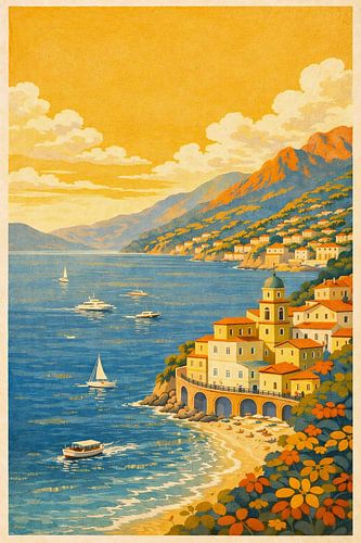 Vintage mediterrane kustplaats bij zonsondergang