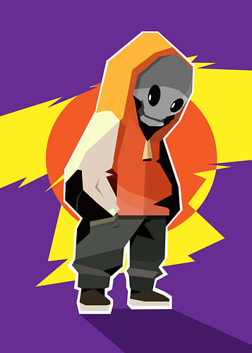 Schöner Low-Poly-Totenkopf in orangefarbenem Hoodie