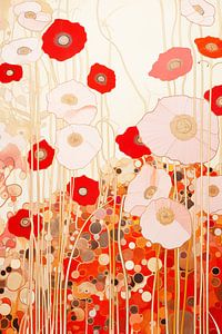 Fleurs vintage rouges et roses, dans le style de Gustav Klimt