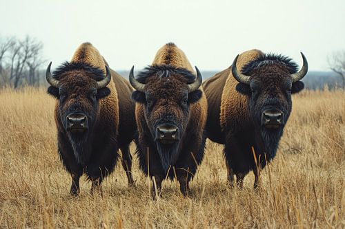 Indrukwekkende bizons die recht in de lens kijken
