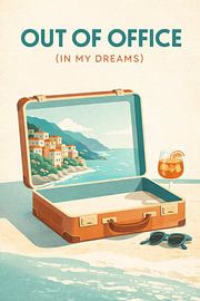 Out of Office Reiseplakat – Pastellfarbene mediterrane Koffer-Kunst – Retro-Leinwand mit italienischem Sommermotiv von adib maula