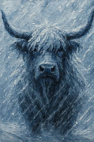 Schotse Hooglander in de sneeuwstorm (portret stoere koe schilderij dikke verf in blauwe en grijze winter tinten)