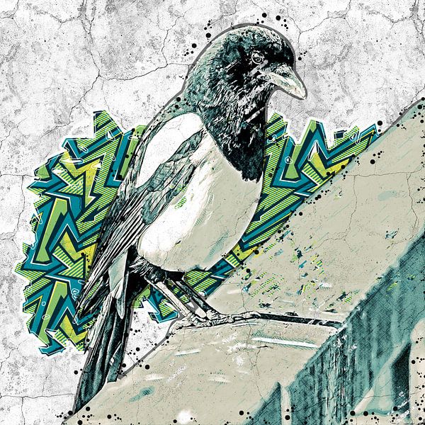 Ekster op een brugleuning (graffiti art) van Art by Jeronimo