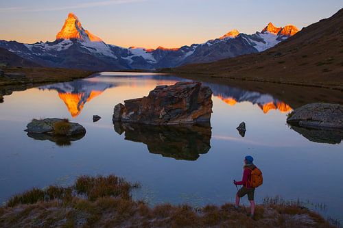 Alpenglow on the Matterhorn seen from Stellisee near Zermatt by Menno Boermans