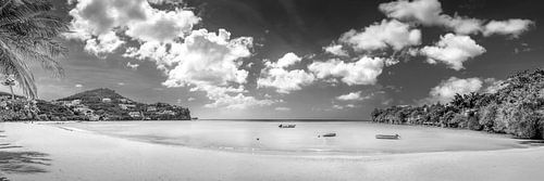 Caribisch strand op het eiland Grenada in zwart en wit.