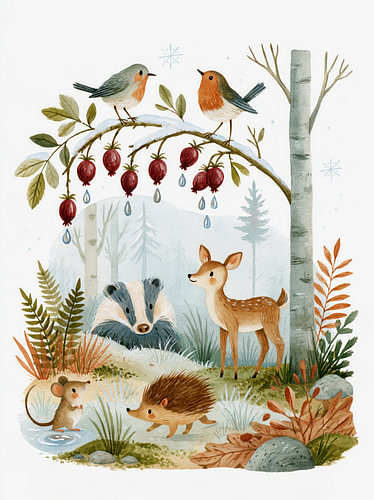 Woodland Friends – Les animaux de la forêt dans la première neige, entre bouleaux et cynorrhodons
