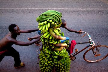 Bananen achterop een fiets in Oeganda, Afrika van Teun Janssen