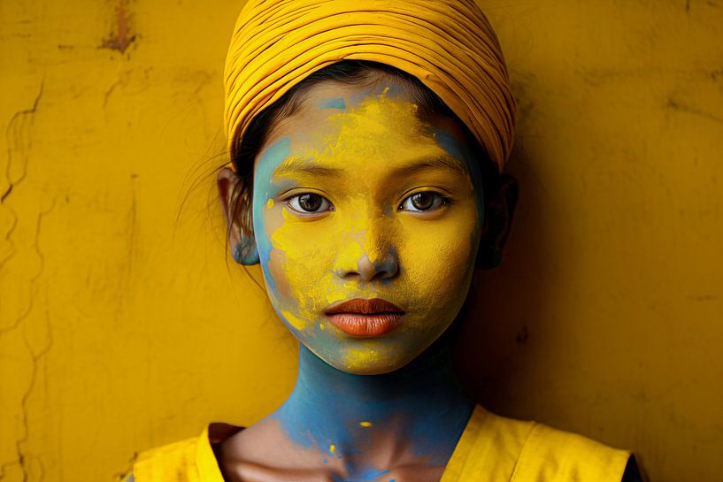 Geel en Blauw: Een Artistiek Portret van meisje uit Myanmar van Glitzy Fusion Frames