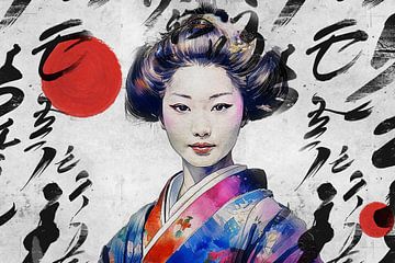 Portret van een Japanse geisha (mixed media) van Art by Jeronimo